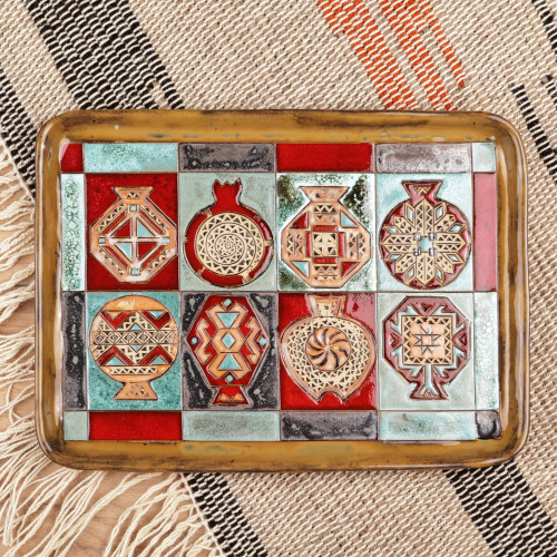 Pomegranate-Themed Geometric Glazed Ceramic Platter 'Geometrical Omens'