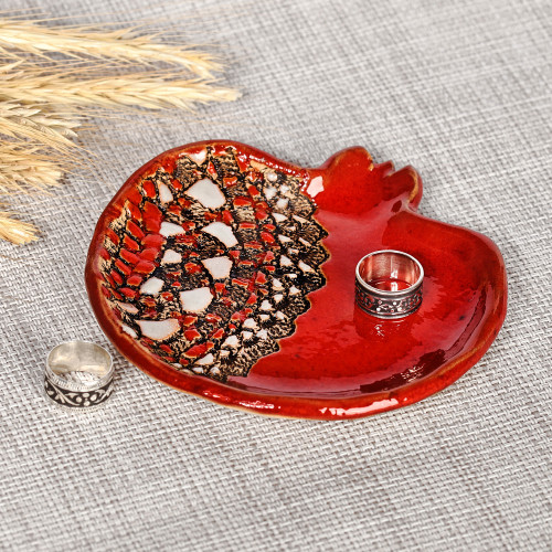 Glazed Ceramic Pomegranate Catchall in Red  'Vibrant Red Pomegranate'