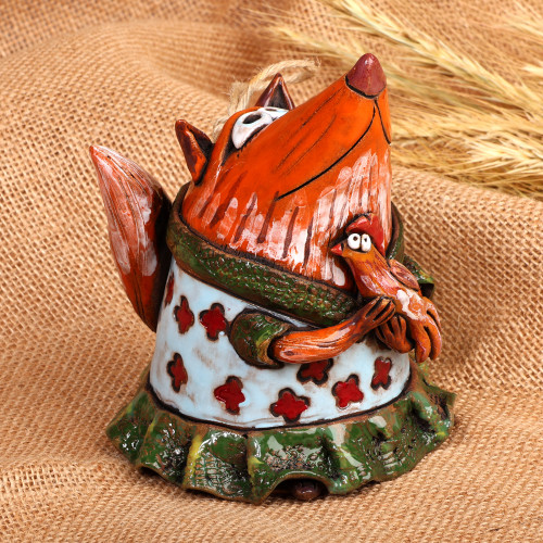 Whimsical Handcrafted Painted Fox Ceramic Bell Ornament 'Mother Fox'