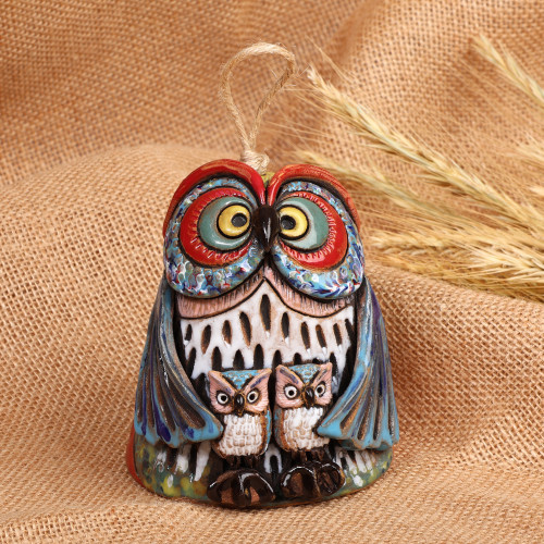 Handcrafted Painted Mother Owl Ceramic Bell Ornament 'Double Mother'