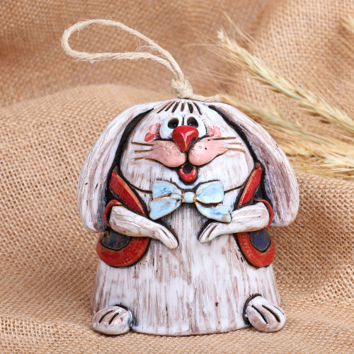 Handcrafted Painted Bunny Ceramic Bell Ornament from Armenia 'Lovely Hops'