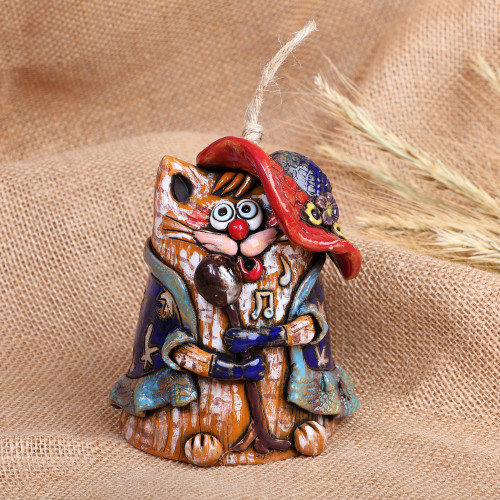 Hand-Painted Whimsical Feline Singer Ceramic Bell Ornament 'Feline Soprano'