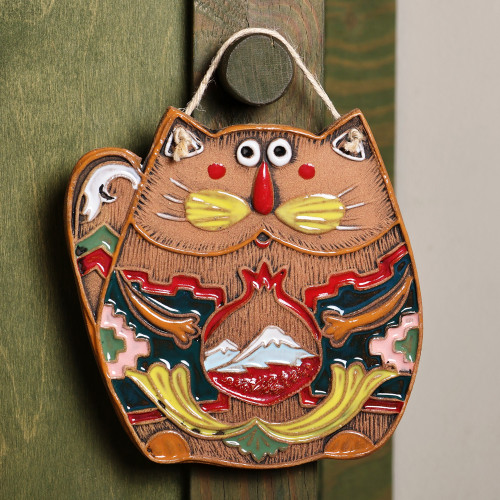 Handcrafted Whimsical Cat-Shaped Ceramic Wall Art 'Traveler Cat'