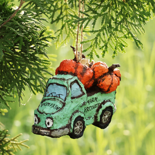 Hand-Painted Traditional Papier Mache Truck Ornament 'Pumpkin Delivery'