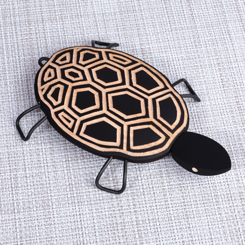 Hand-Painted Wood Turtle Sculpture with Geometric Motifs 'Geometric Turtle'