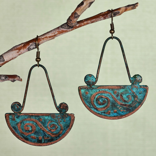 Traditional Oxidized Copper Dangle Earrings from Armenia 'Swirl Touch'