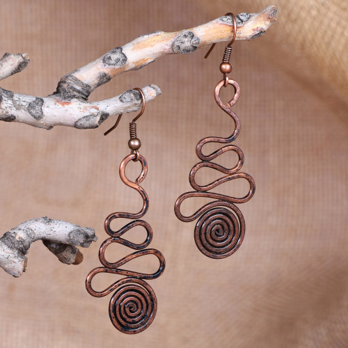 Antique Copper Spiral Dangle Earrings with Brass Hooks 'Swirl Bliss'