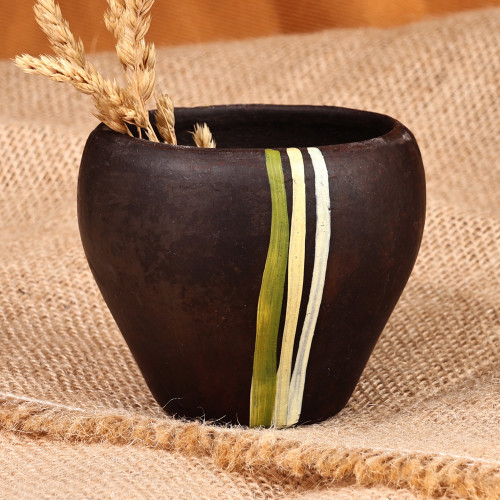 Handcrafted Striped Terracotta Decorative Flower Pot 'Lines of Nature'