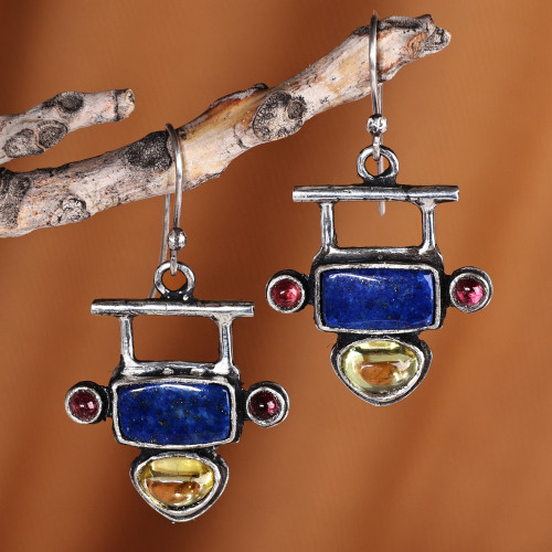 Lapis Lazuli Garnet and Synthetic Sapphire Dangle Earrings 'Geometric Space'