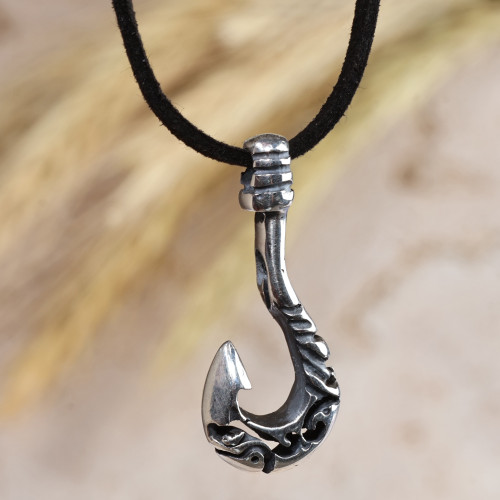 Men's Sterling Silver and Faux Leather Hook Pendant Necklace 'Ancient Hook'