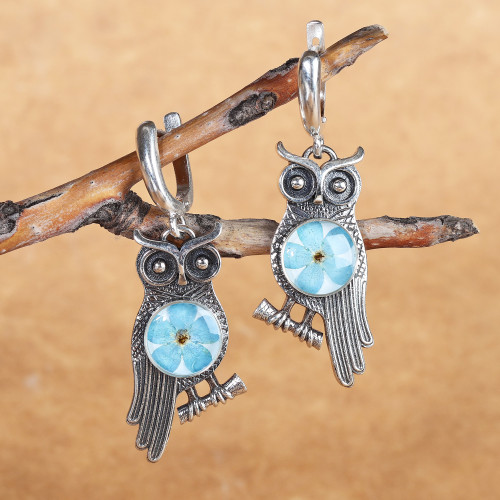 Owl-Themed Natural Flower Sterling Silver Dangle Earrings 'Sage's Memories'
