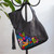 Embroidered Hummingbird Black Leather Handle Handbag 'Hummingbird Garden'