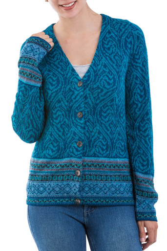 Teal 100 Alpaca Wool Cardigan Sweater from Peru 'Dreamy Blues