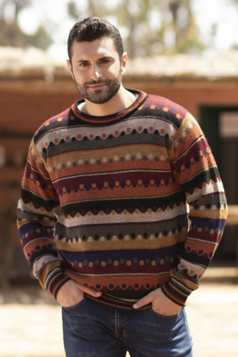 Men's Striped 100 Alpaca Pullover Sweater from Peru 'Autumnal