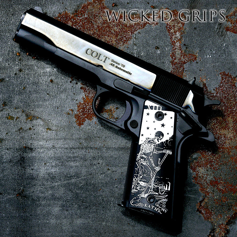 CUSTOM 1911 THIN PISTOL GRIPS BLACK ENGRAVED DEATH TAROT
