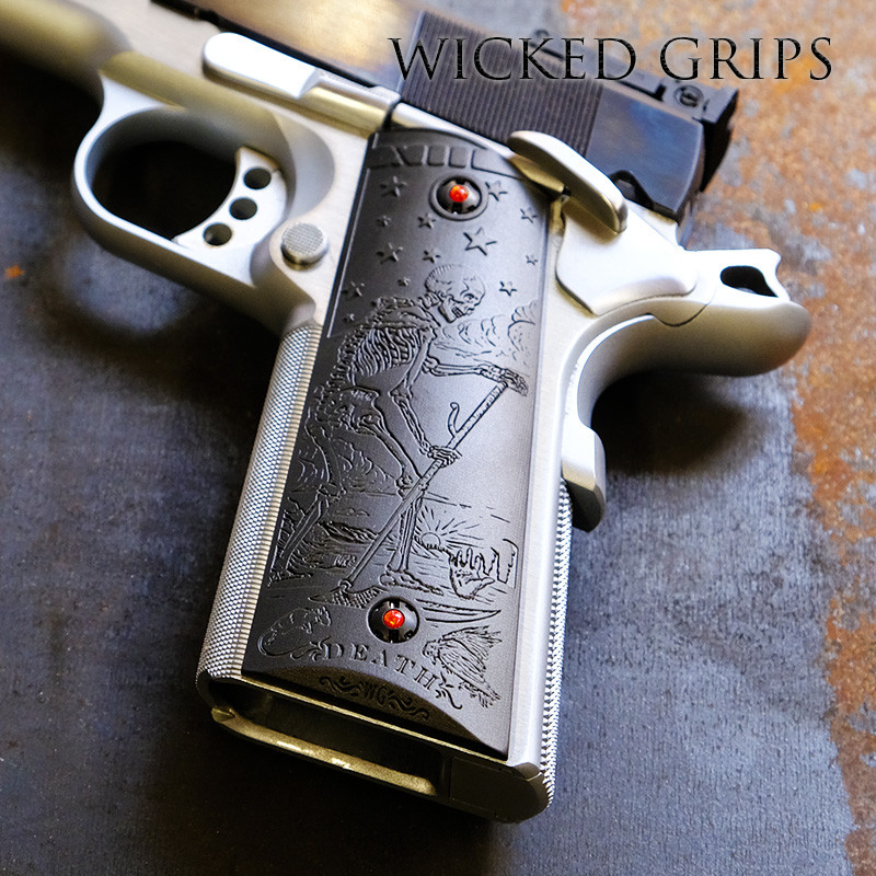 1911 GUN GRIPS DEEP ENGRAVED BLACK PVD DEATH TAROT