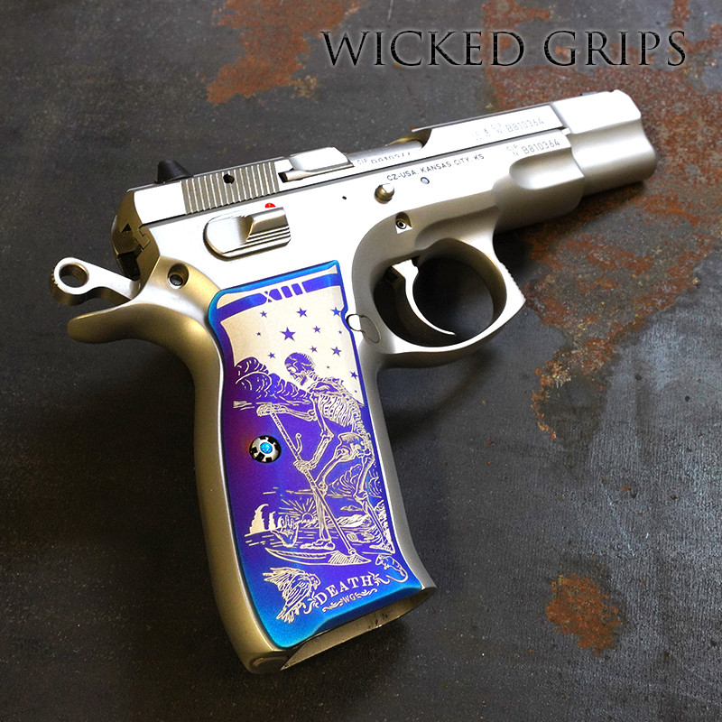 CZ 75 PISTOL GRIPS BLUE PVD ENGRAVED DEATH TAROT