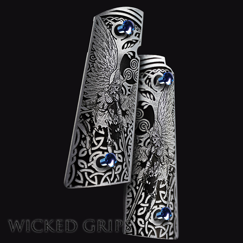 1911 ALUMINUM PISTOL GRIPS DEEP ENGRAVED TWO TONE VALKYRIE