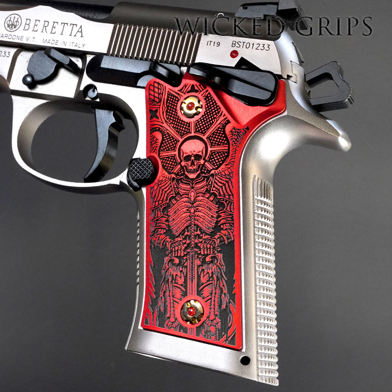 BERETTA 92X PERFORMANCE RED ALUMINUM ENGRAVED GUN GRIPS PAX PER MORTEM