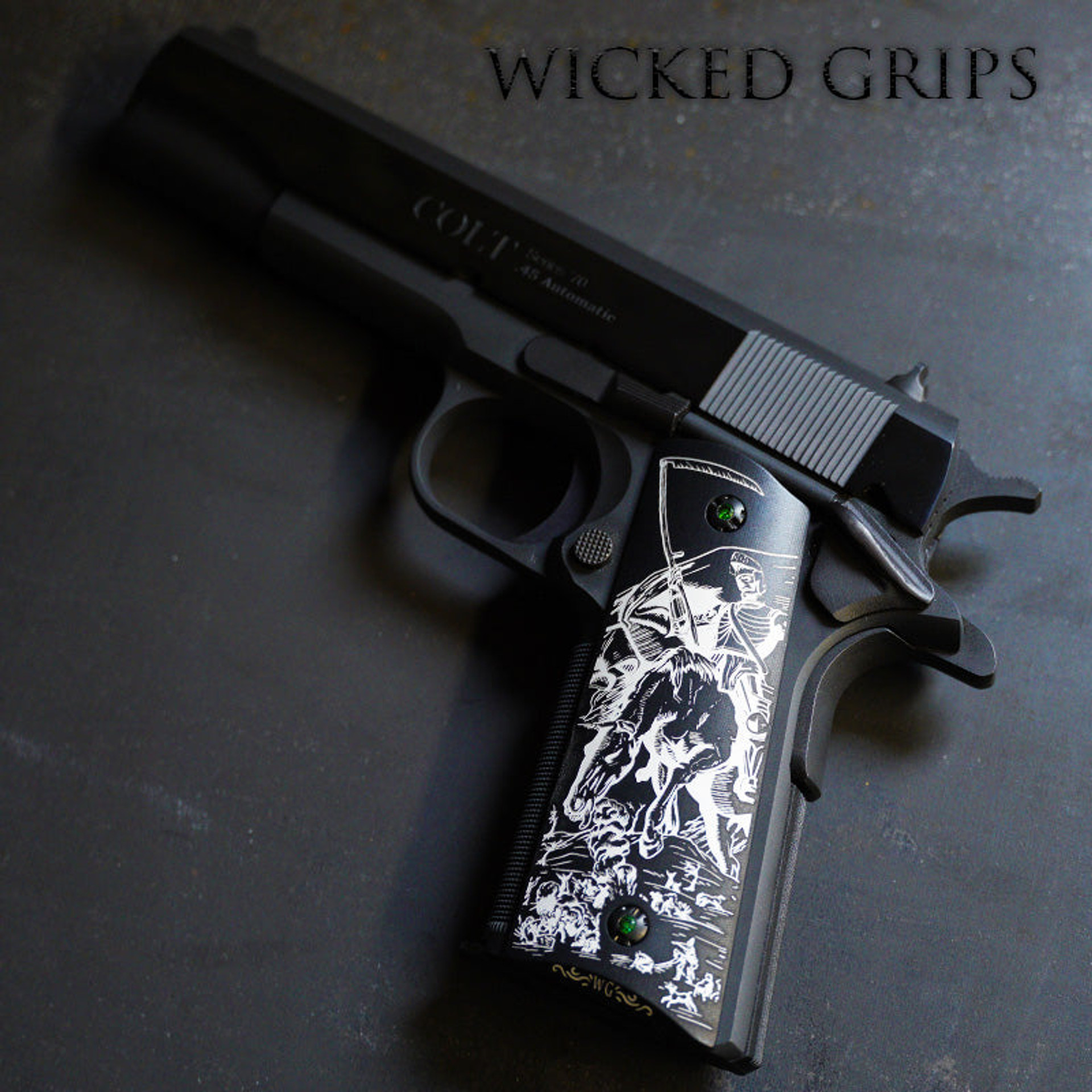 Custom 1911 Pistol Grips Black Engraved Death Triumphant 5745