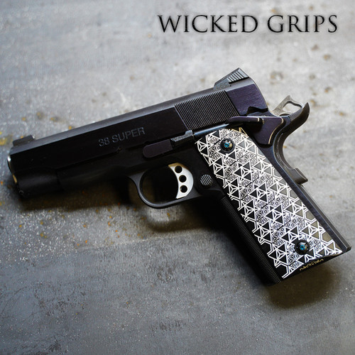 CUSTOM 1911 GRIPS BLACK MERKABA - Created in house - Black anodized Aluminum with engraved Art gives unmatched grip strength without hindering comfort and style - Photo negative Effect