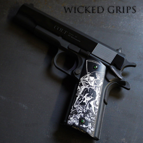 1911 PISTOL GRIPS BLACK ENGRAVED DEATH TRIUMPHANT gun grips for your favorite .45 handgun Made in the USA - Superb grip strength with Detailed comfort