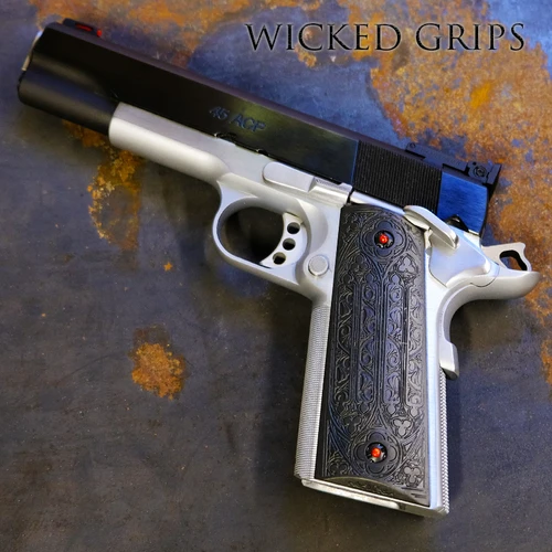 CUSTOM 1911 PISTOL GRIPS DEEP ENGRAVED BLACK GOTHIC SCROLL featuring the original wicked grips art created by Kade Strange fits standard 1911 The engraving gives an excellent grip without undermining the comfort and style