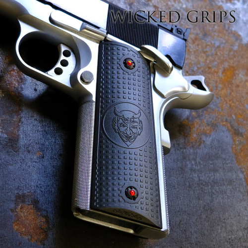 CUSTOM 1911 GRIPS BLACK WG DEVIL LOGO BLOCK TEXTURE Our gun grips come with an aggressive tactical texture giving you unmatch grip strength