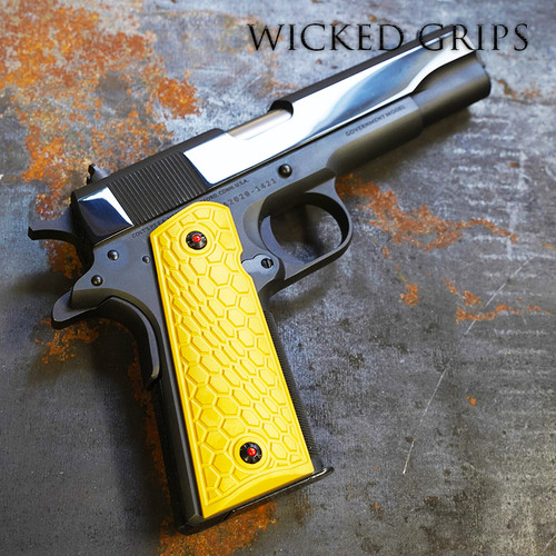 CUSTOM 1911 PISTOL GRIPS PVD GOLD HEXWAVE - Made in the USA - Precise engraving gives exceptional grip strength without jeopardizing comfort and tactility.