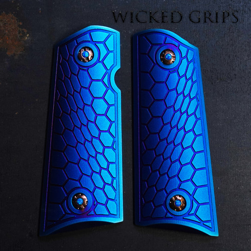 CUSTOM 1911 OFFICERS COMPACT PISTOL GRIPS PVD BLUE HEXWAVE