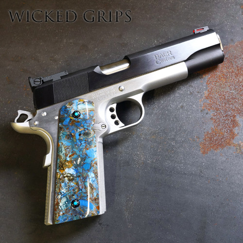 CUSTOM 1911 GRIPS MAMMOTH TUSK BLUE FUSION SET 19 for standard 1911 handguns. Made in the USA - Vibrant Color Variations - Vintage Style