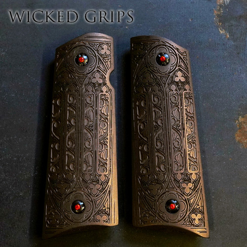 CUSTOM 1911 PISTOL GRIPS DEEP ENGRAVED BRONZE GOTHIC SCROLL