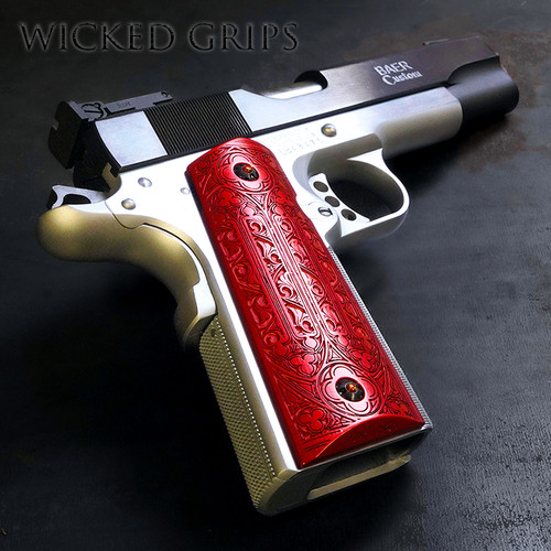 CUSTOM 1911 PISTOL GRIPS DEEP ENGRAVED RED GOTHIC SCROLL