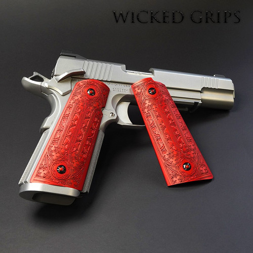 CUSTOM 1911 PISTOL GRIPS DEEP ENGRAVED RED GOTHIC SCROLL - Made in the USA - Free shipping available - Precision machined - Grip strength to withstand sweat, without compromising comfort and style
