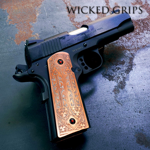COPPER 1911 PISTOL GRIPS DEEP ENGRAVED GOTHIC SCROLL - Made in the USA - precision machined solid copper gun grips