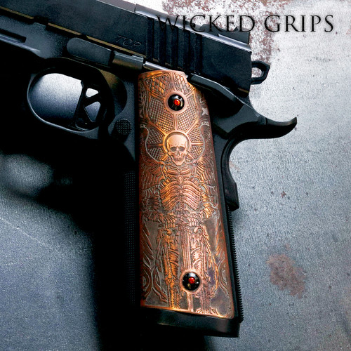 1911 PISTOL GRIPS DEEP ENGRAVED COPPER PAX PER MORTEM - Precision made copper gun grips - Tactical texture engraved - Made in USA - Superb grip strength without compromising comfort and style