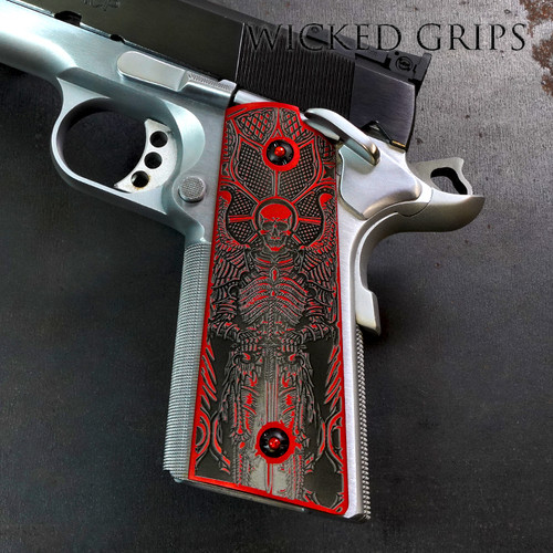1911 ALUMINUM PISTOL GRIPS DEEP ENGRAVED RED PAX PER MORTEM - Precision made aluminum gun grips - Tactical texture engraved - Made in USA - Fits all popular brands like Kimber, Springfield, Wilson and others