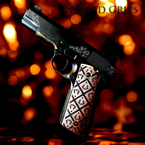 1911 PISTOL GRIPS DEEP ENGRAVED COPPER TESSERAE - Precision made copper gun grips - Tactical texture engraved - Made in USA - Superior grip strength without compromising comfort