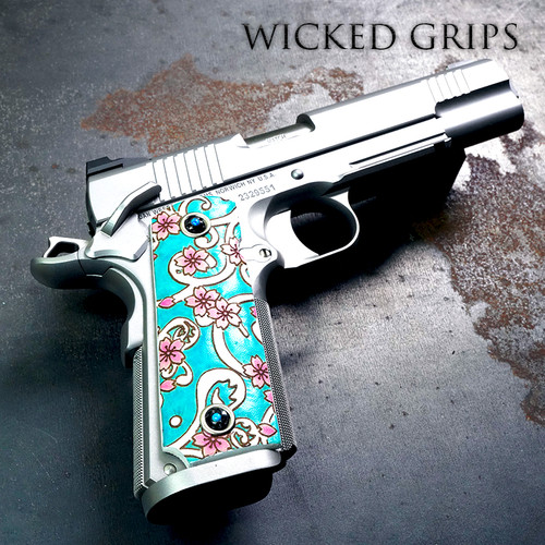 Buy now 1911 DEER LEATHER INDEN CARVED SAKURA WAVES GRIPS by RISE - Handcrafted in Japan - Artist made gun grips - Beautiful color and texture to make this set superior than others