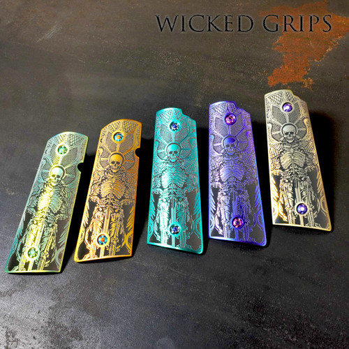 Newly Released - 1911 TITANIUM PISTOL GRIPS ELETRIC COLOR ANODIZED PAX PER MORTEM - Precision made aluminum gun grips - Carry texture gun grips in wild Titanium colors - Made in USA - Fits all popular brands like Kimber, Springfield, Wilson and others