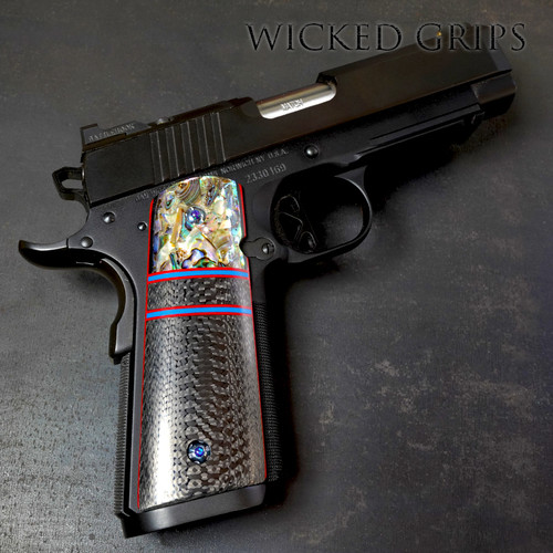 1911 Gun Grips Abalone Pearl with Carbon Fiber - Contrasting Colors Red and Blue Custom Mosaic Styles