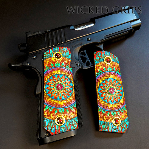 1911 Pistol Grips of Deer Leather with Inden Madala in Vibrant eye catching colors