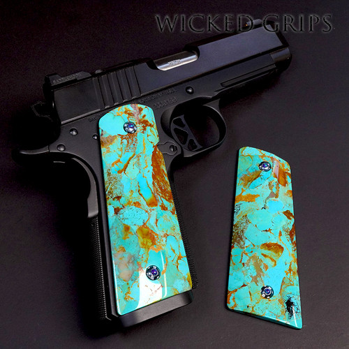 Turquoise 1911 Gun Grips - Gemstone Hand Polished Varying Colors of Teal and Orange