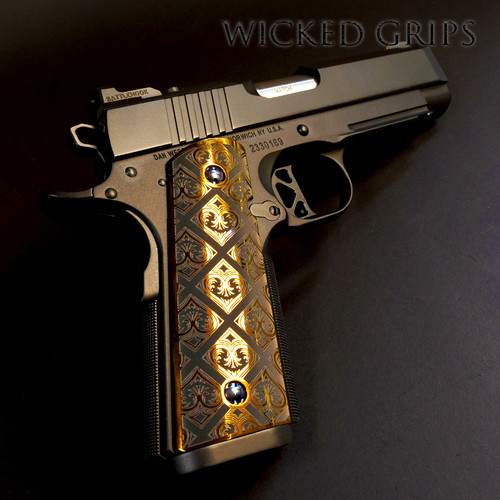 1911 Titanium Gun Grips - Anodized Golden Bronze and meticulously engraved Tesserae