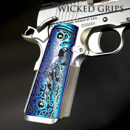Gun Grips for 1911 featuring Valkyrie in Blurple anodized colors - Hand crafted in the USA