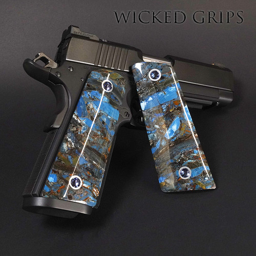 Blue Fusion Mammoth Tusks for 1911 Handguns with our Full Metal Style titanium screws