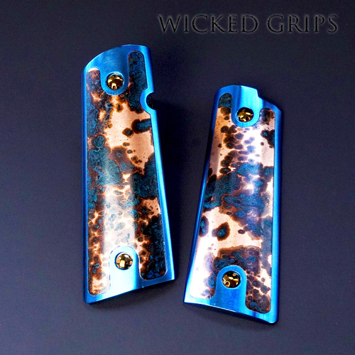 1911 Handgun Grips in Titanium Nitre Blue with our Copper Shipwreck Inlays - Custom