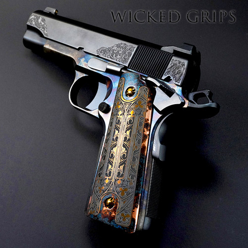 1911 Copper Handgun Grips in Shipwreck Patina Style with Gothic Bronze Titanium Inlays - Meticulously engraved
