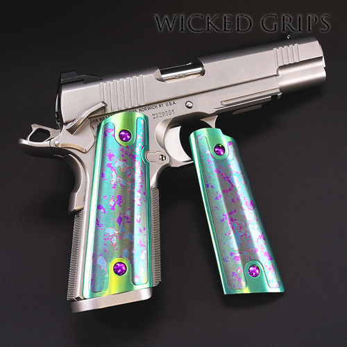 1911 Handgun Titanium Grips in the Hybrid Grip Style - 1 of 1 Electric Green with Multi Colored Inserts - Hand anodized In House