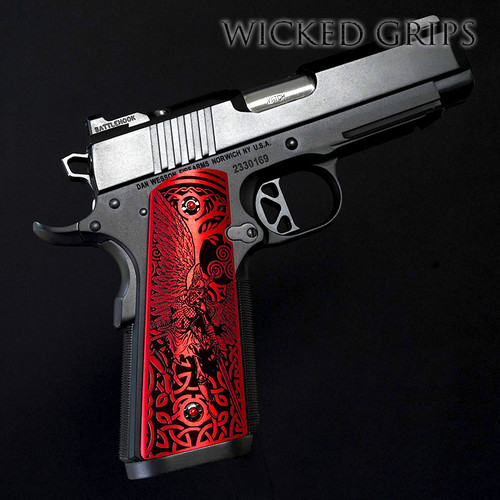 1911 TITANIUM PISTOL GRIPS ENGRAVED RED  VALKYRIE